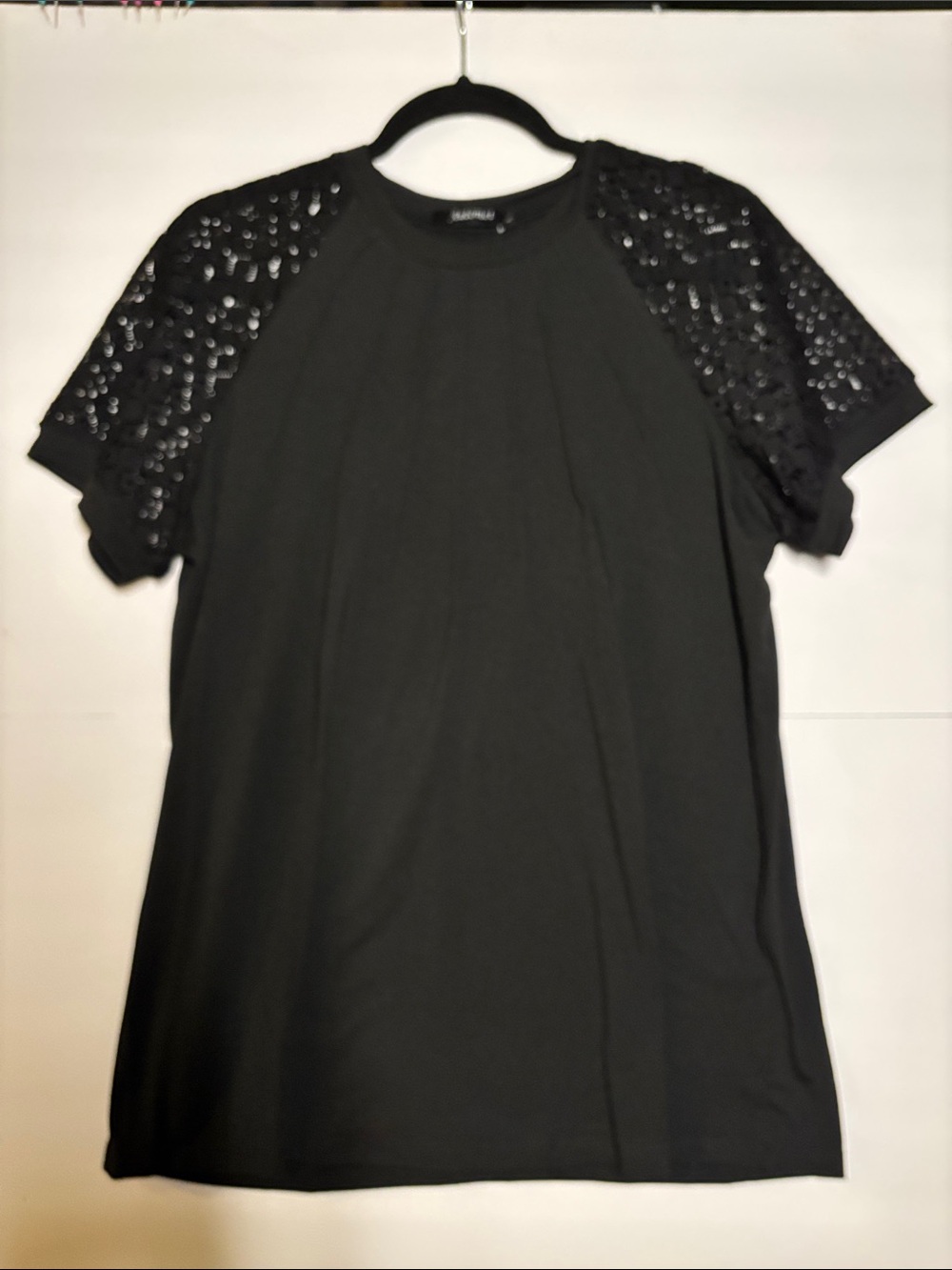Black Short-Sleeve Tee with Sequin Raglan Sleeves